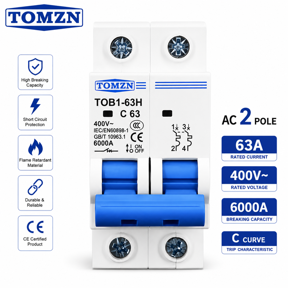 TOMZN 63A 2 Pole AC Breaker in Pakistan – Reliable 2P AC Circuit Protection