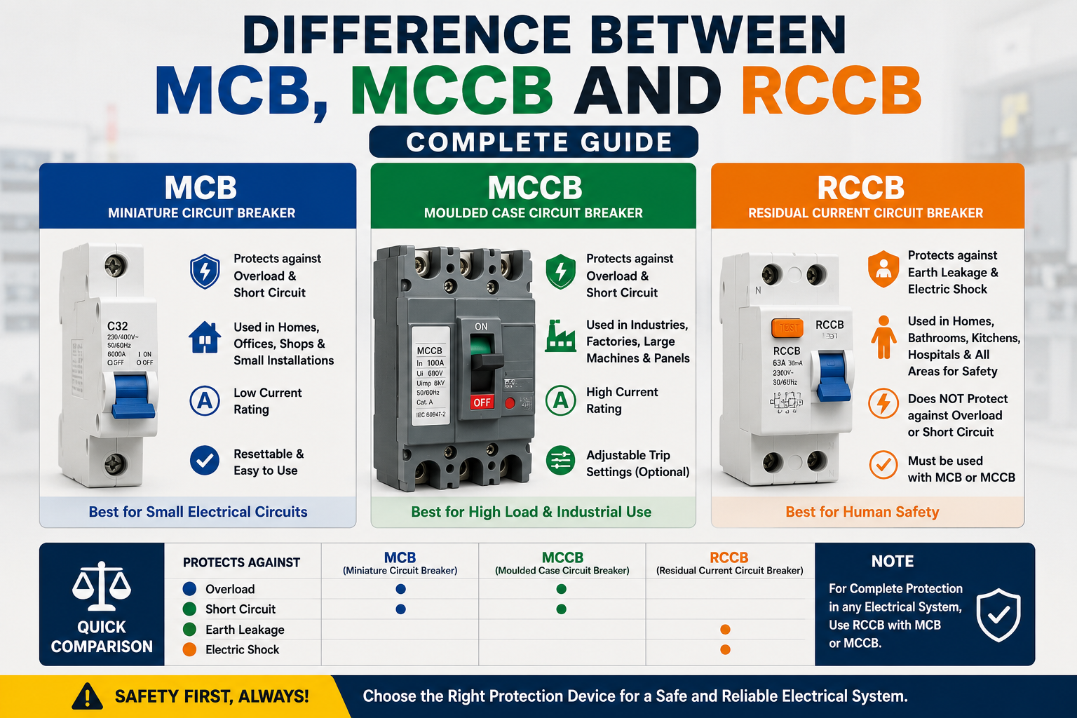 Difference Between MCB, MCCB and RCCB: Complete Guide