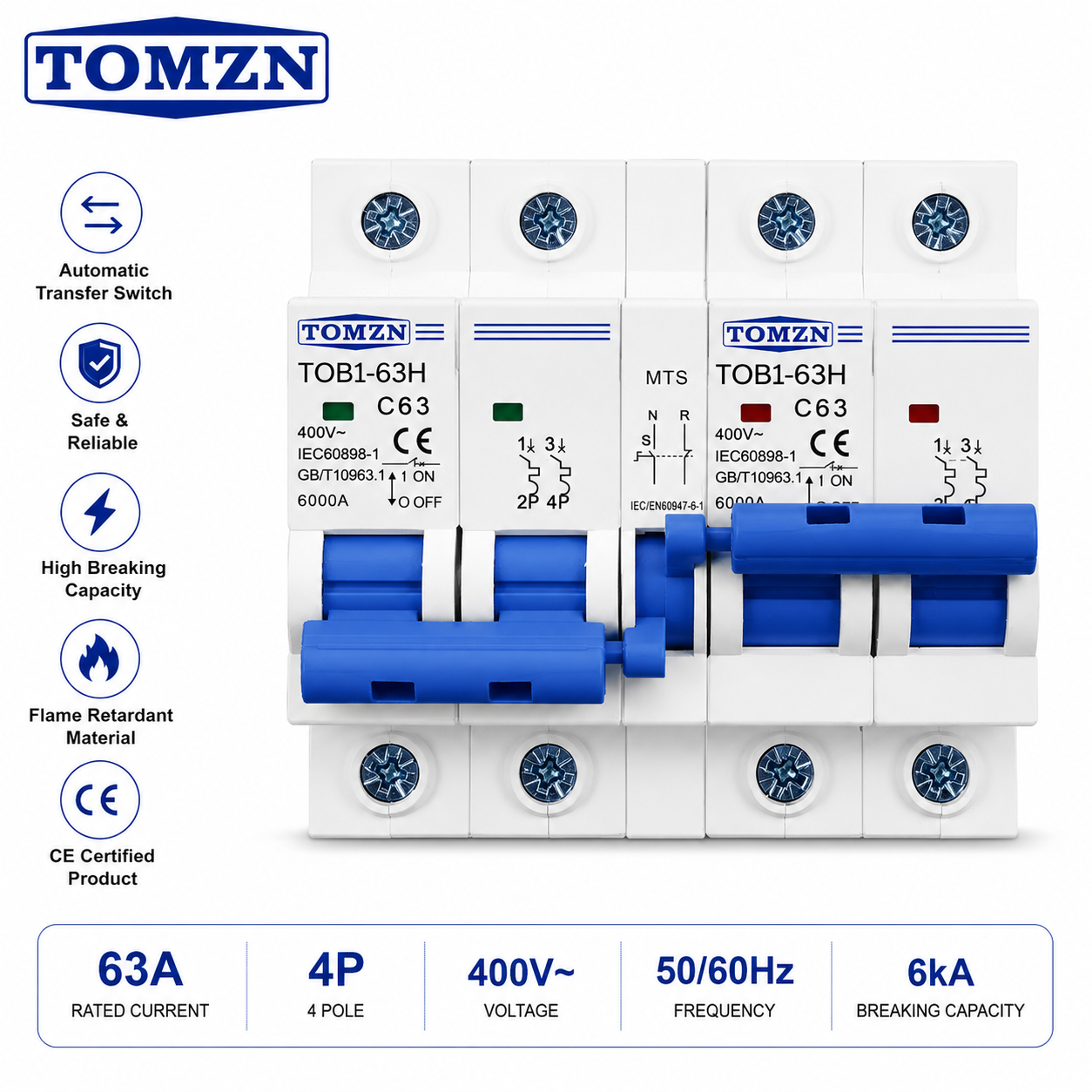 TOMZN 63A 4P Automatic Transfer Switch (ATS) – Dual Power Changeover Switch 400V