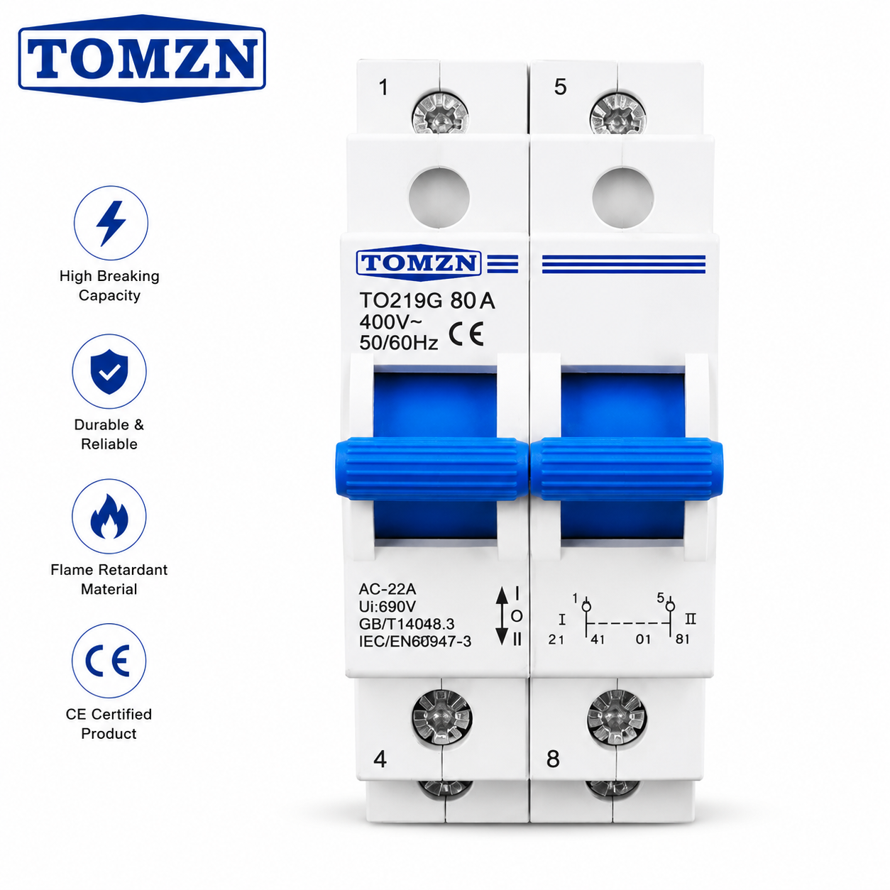 TOMZN 80A 2 Pole Manual Changeover Switch 400V – Dual Power Transfer Switch