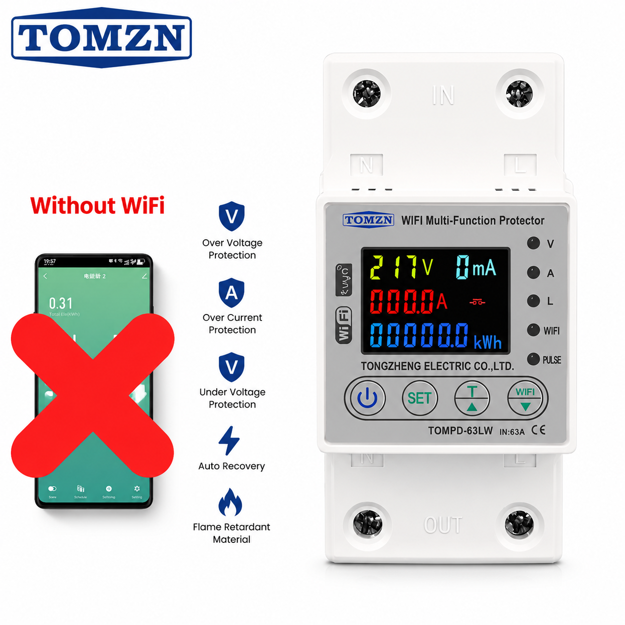 TOMZN 63A Multi-Function Voltage & Current Protection Relay with Energy Meter – Without WiFi