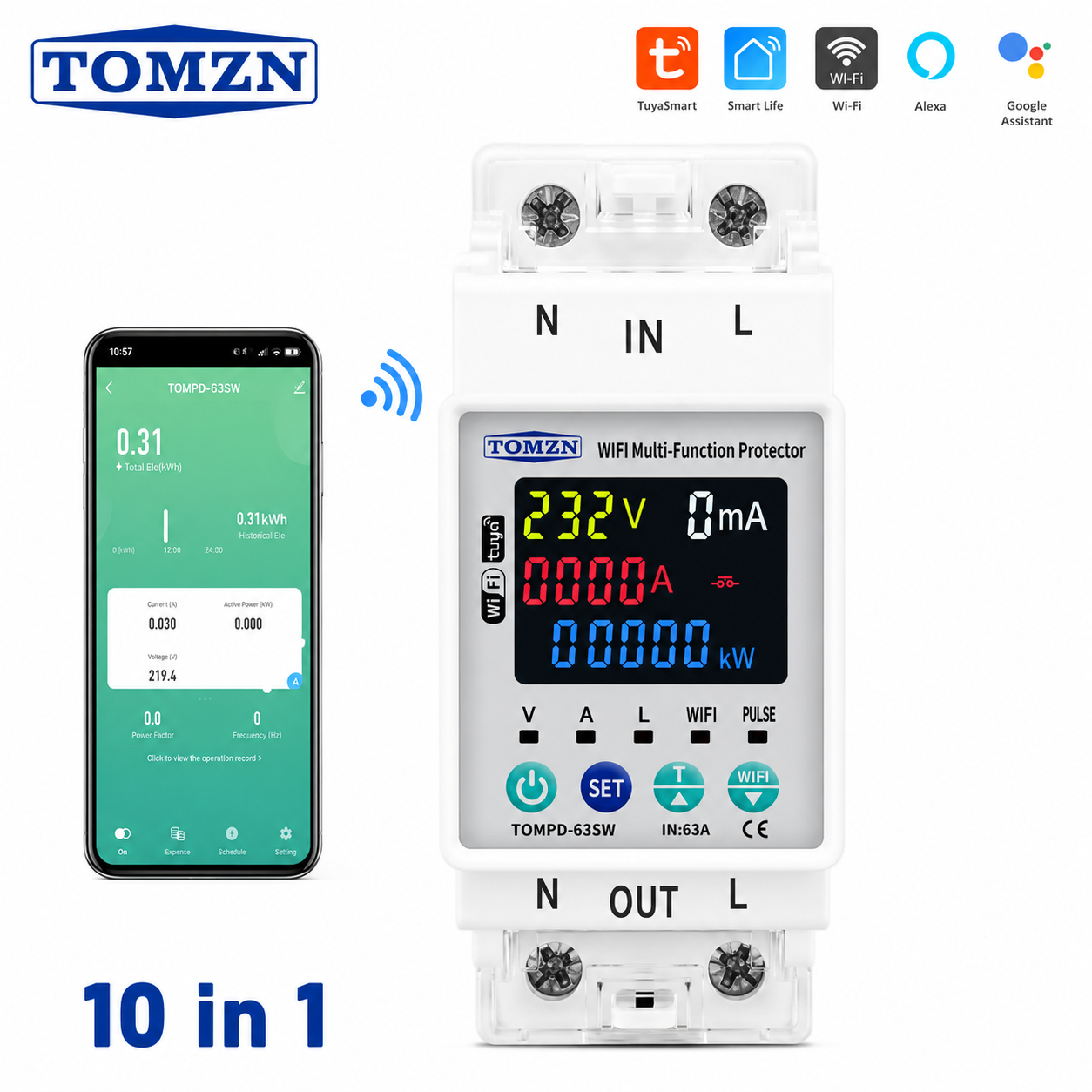 TOMZN TOMPD-63SW 63A WiFi Smart Multi-Function Voltage & Current Protection Relay – 10 in 1