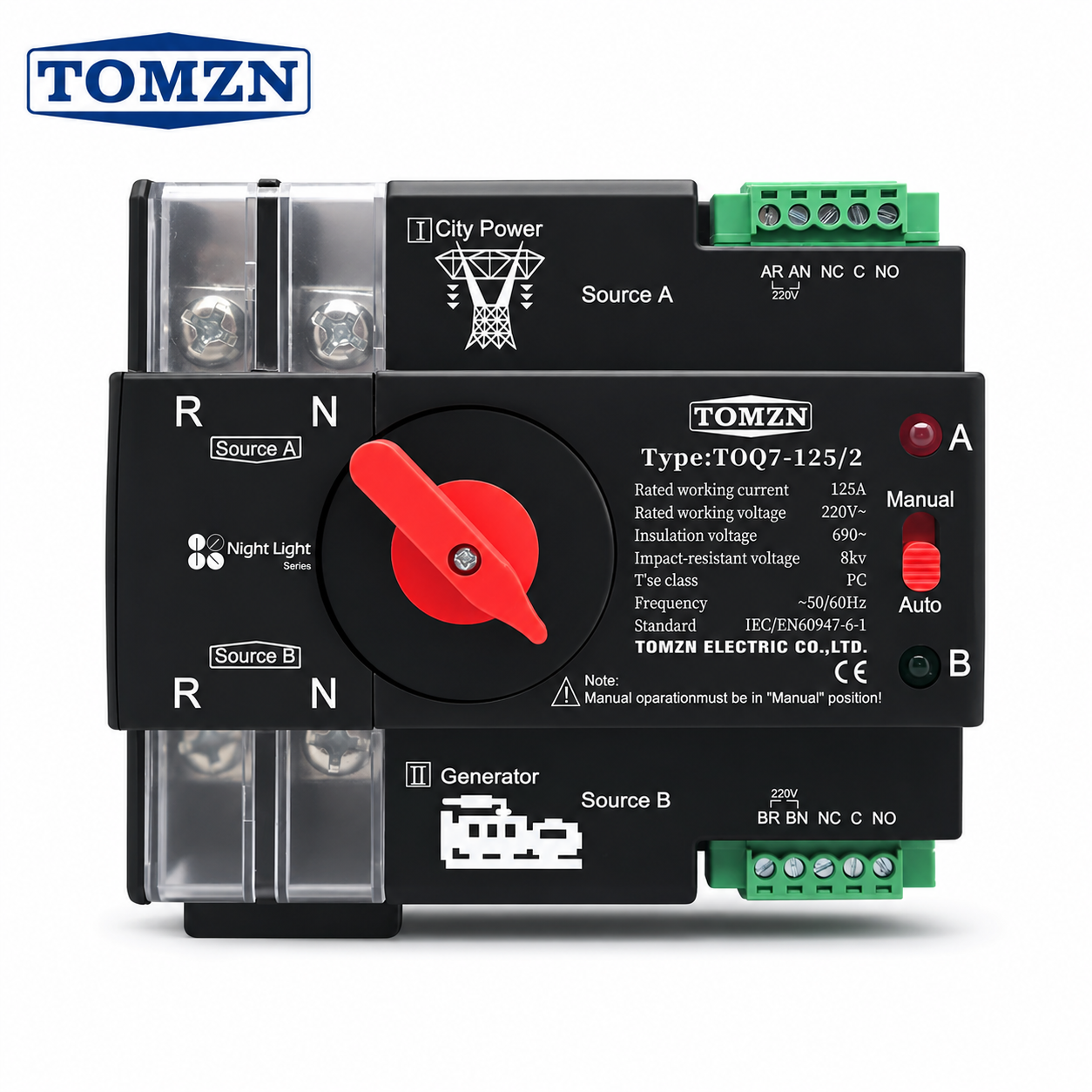 TOMZN TOQ7-125/2 125A 2P Automatic Transfer Switch (ATS) – Dual Power City & Generator