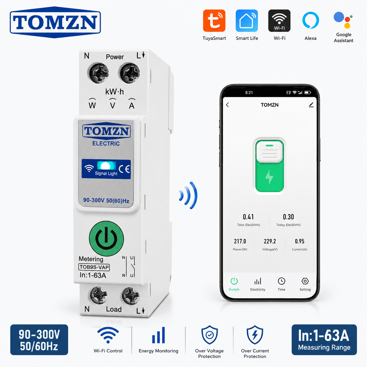 TOMZN TOB9S-VAP 63A WiFi Smart Energy Meter Switch – Tuya Smart Life Power Monitoring